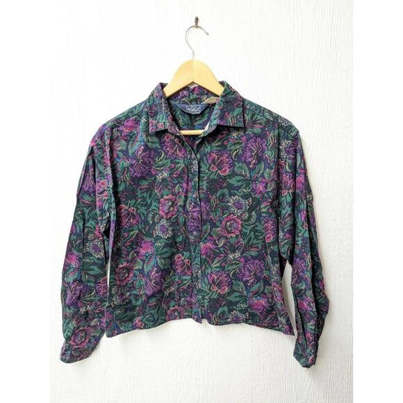 Vtg The Woolrich Woman Purple Floral Button Up Cropped Top Shirt Cotton Medium - Picture 1 of 4